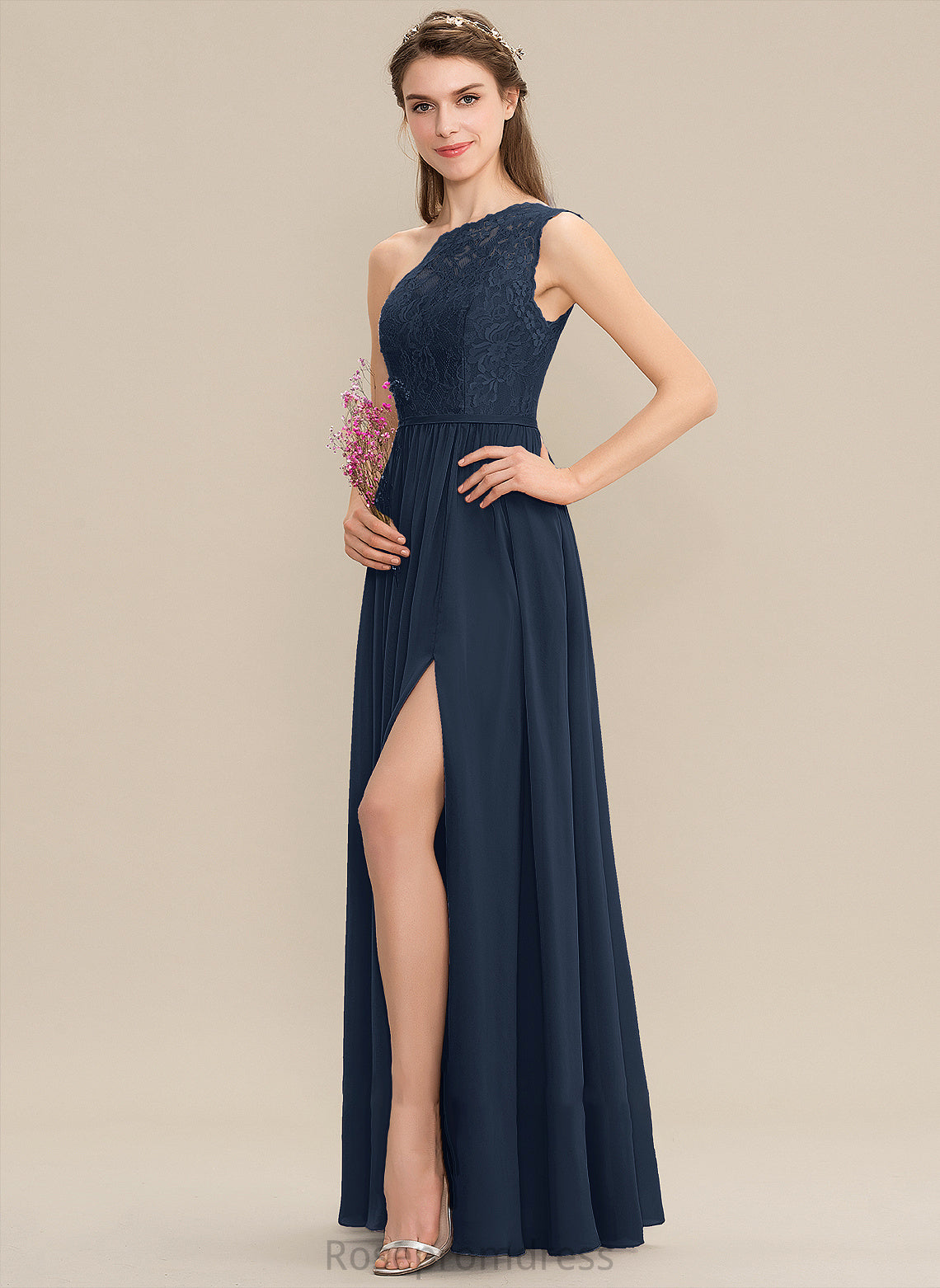 A-Line Length Floor-Length One-Shoulder SplitFront Embellishment Silhouette Neckline Fabric Noelle Floor Length Natural Waist Bridesmaid Dresses