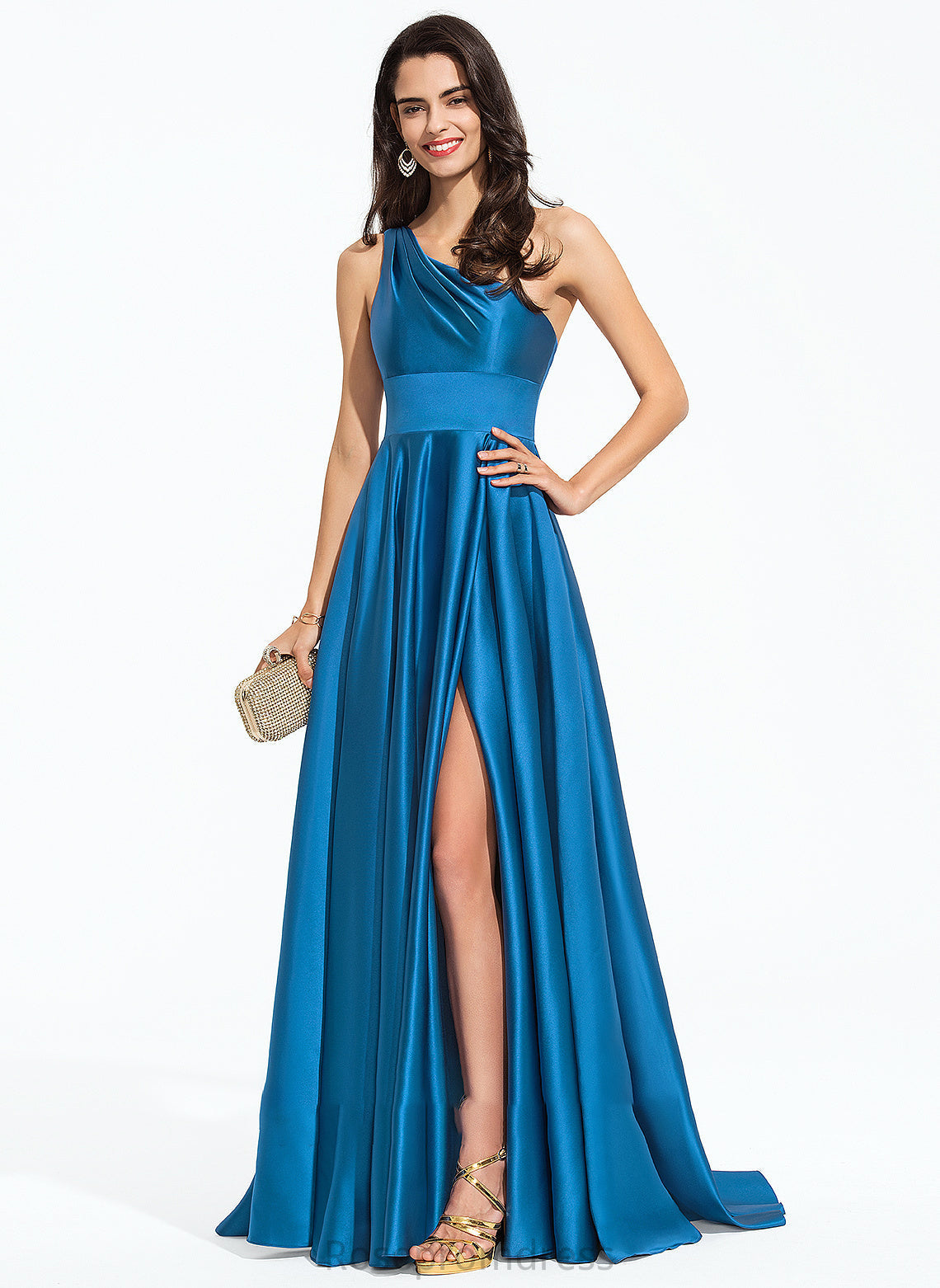 Prom Dresses Train A-Line Ellen One-Shoulder With Front Split Sweep Satin