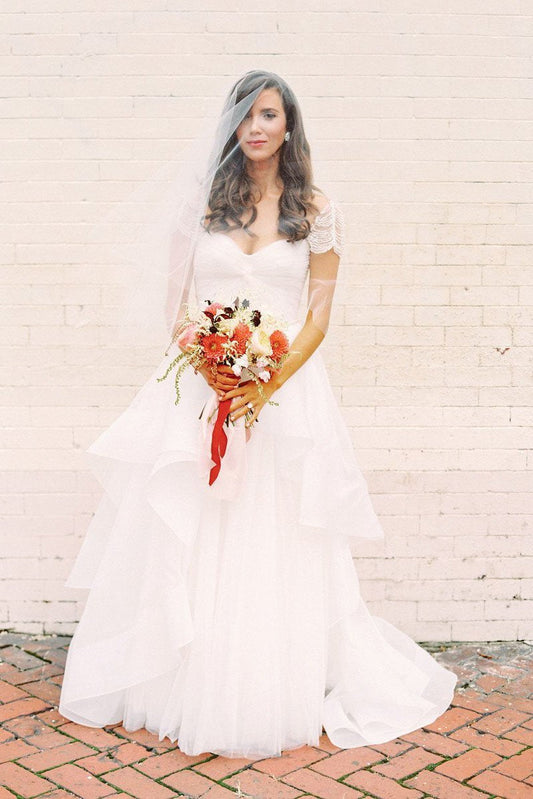 A-Line Short Sleeve Long Ivory Tulle Sweetheart Beaded Cute Backless Wedding Dresses RS335