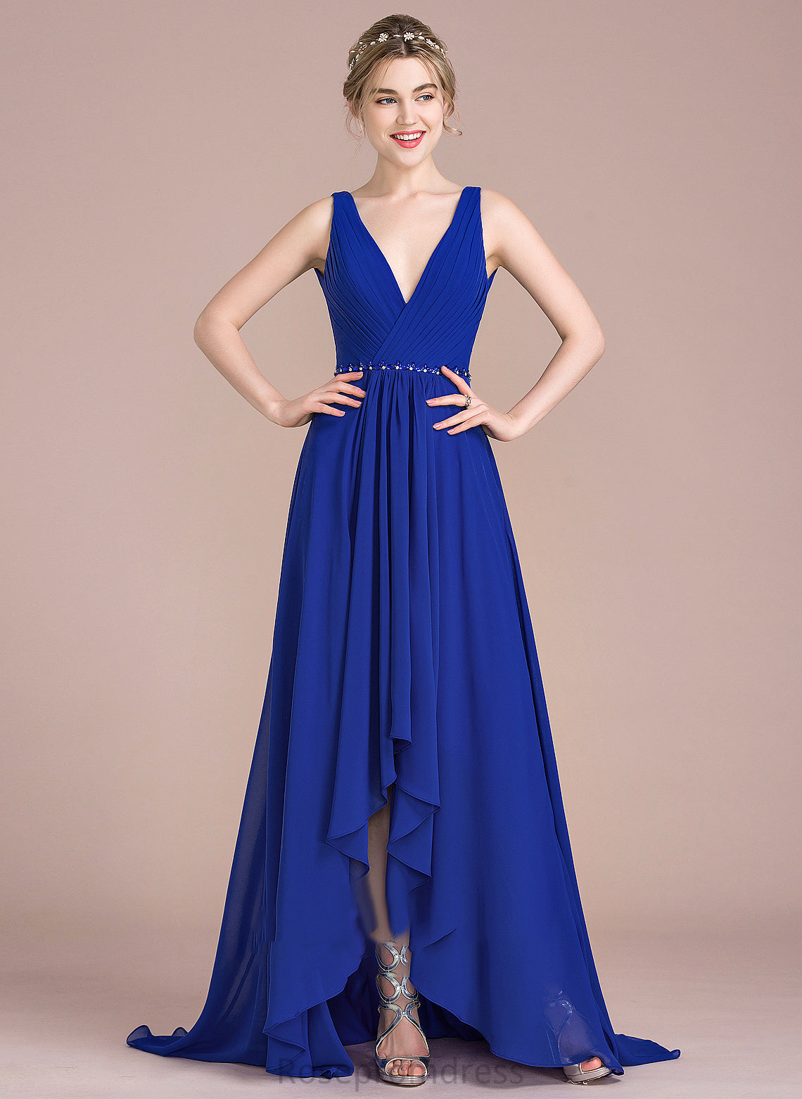 Prom Dresses Beading Chiffon Sequins Raven V-neck With A-Line Ruffle Asymmetrical