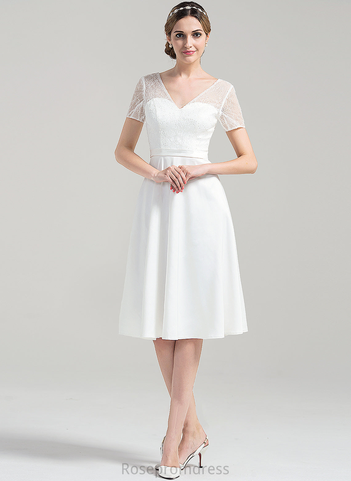 Ashlee V-neck A-Line Satin Dress Wedding Knee-Length Wedding Dresses
