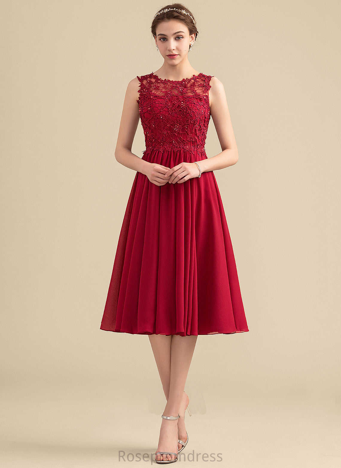 ScoopNeck Knee-Length Silhouette Neckline Embellishment Beading Length Sequins A-Line Fabric Ingrid Natural Waist Bridesmaid Dresses