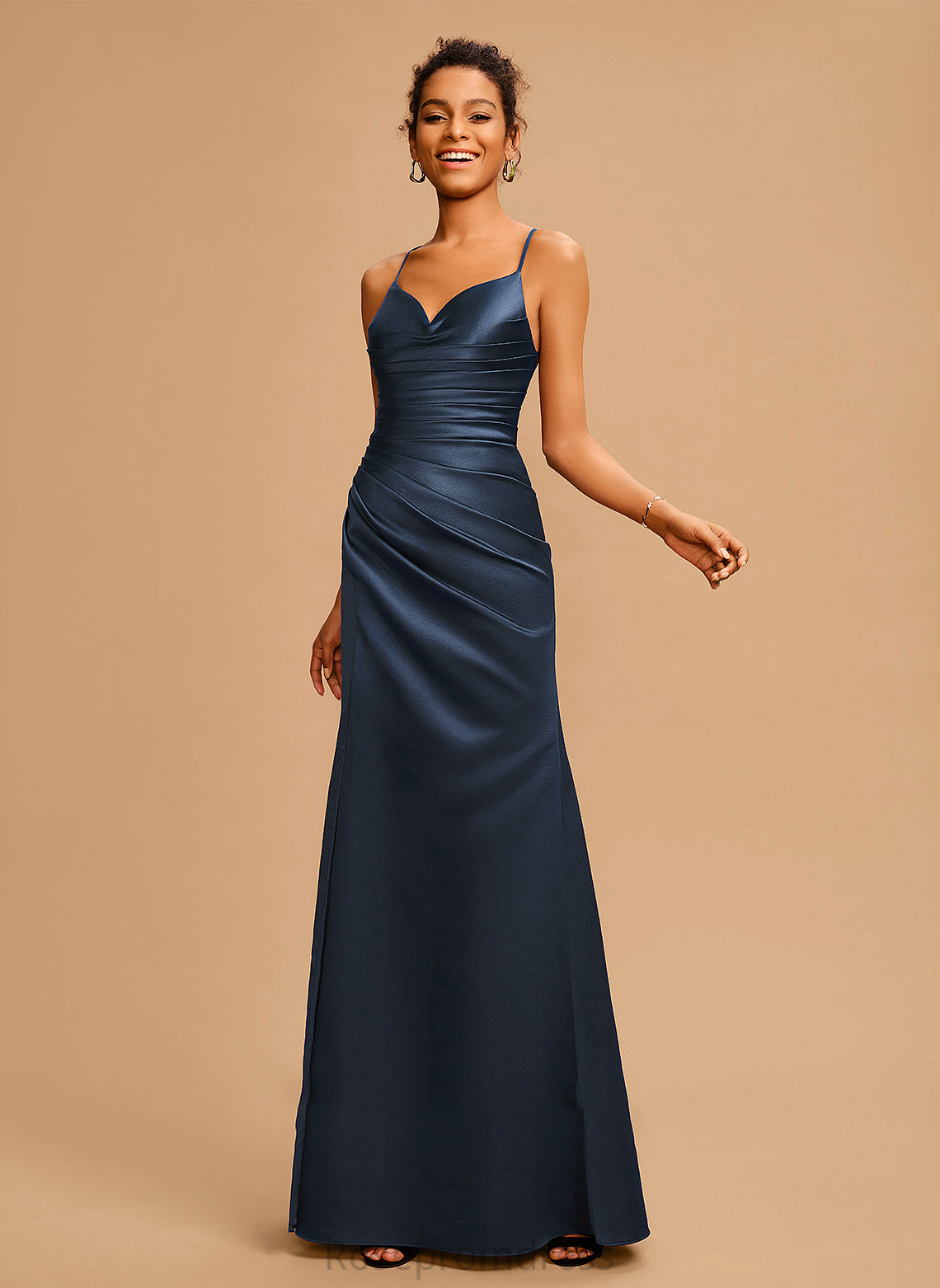 Satin Sheath/Column Floor-Length Prom Dresses Pleated Cristina With V-neck