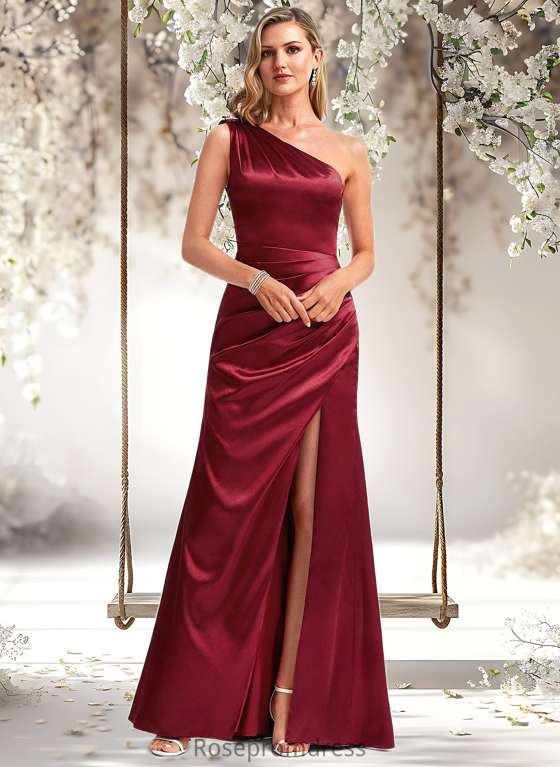 Giuliana A-line One Shoulder Floor-Length Stretch Satin Bridesmaid Dress With Bow DSP0025758
