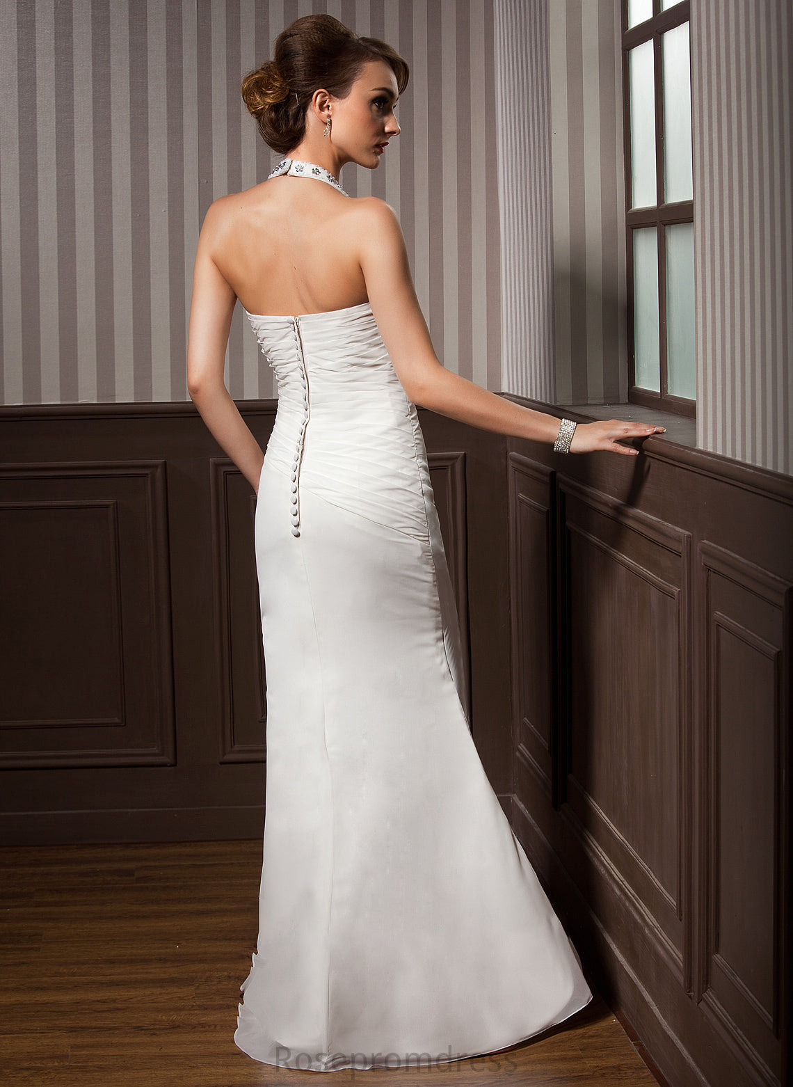 Sheath/Column Floor-Length Wedding Dress Satin Wedding Dresses Beading Sequins Halter Appliques Chiffon With Ruffle Lilian Lace