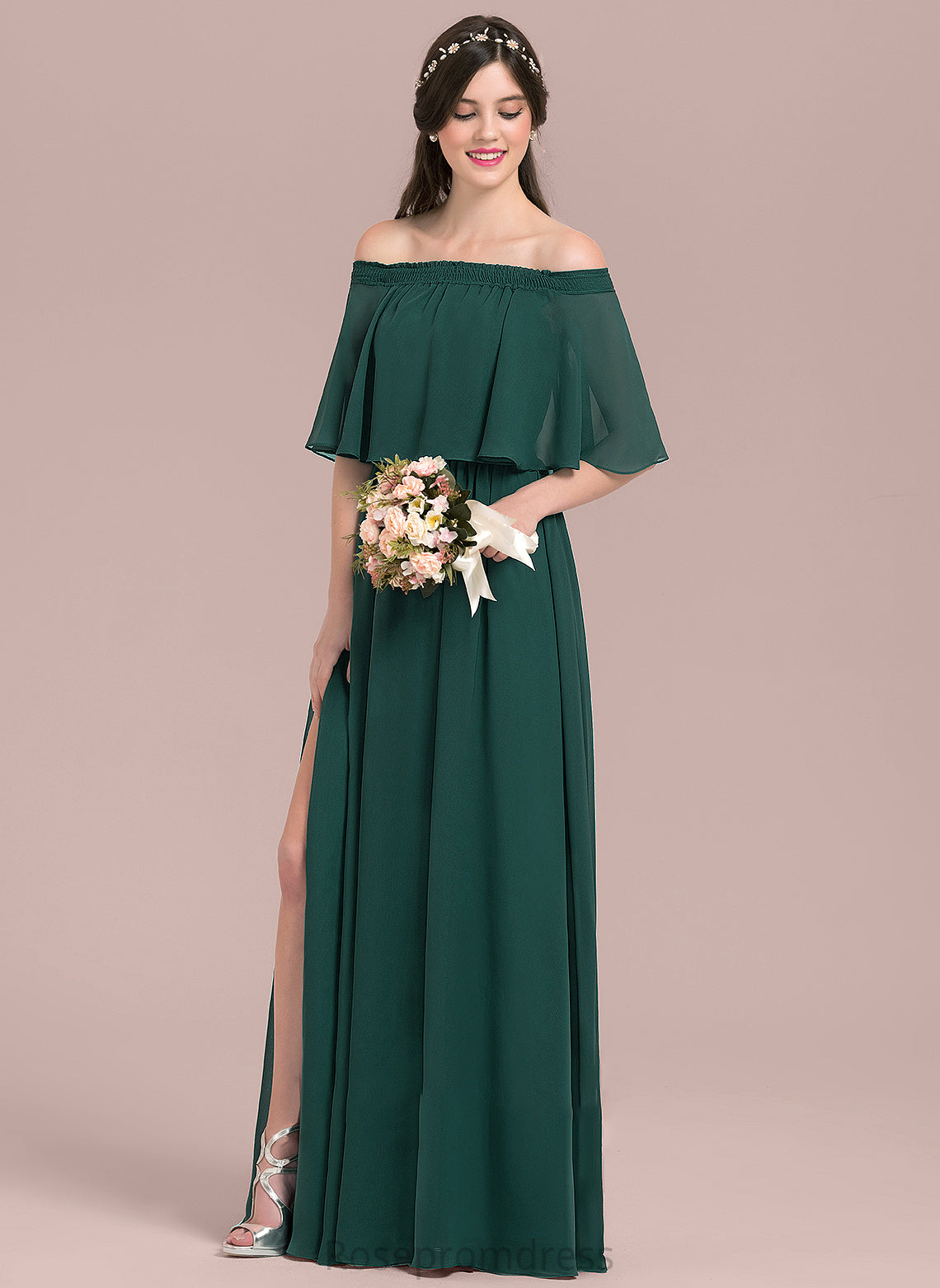 Fabric Silhouette Length Neckline Embellishment Off-the-Shoulder SplitFront A-Line Floor-Length Haley High Low Natural Waist Bridesmaid Dresses