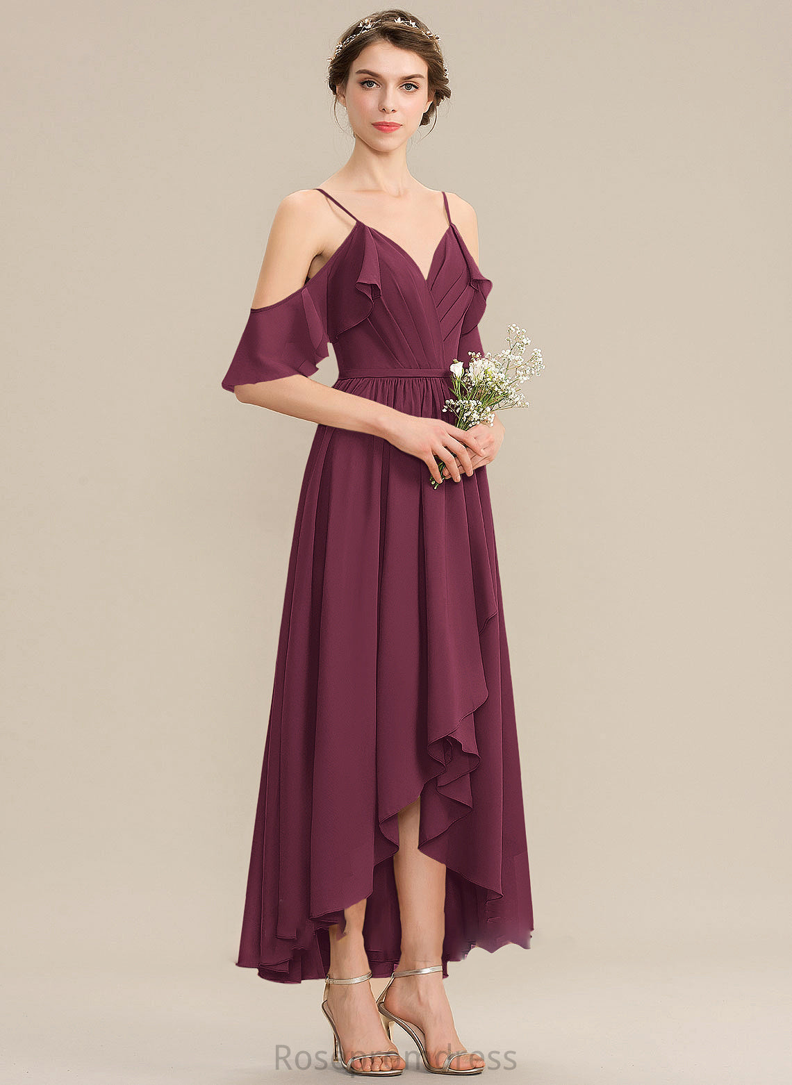 Length Asymmetrical Embellishment CascadingRuffles V-neck Silhouette Fabric Neckline A-Line Diya Bridesmaid Dresses