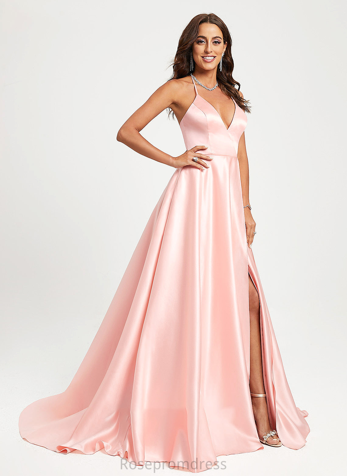 Satin Sweep V-neck Eliza A-Line Train Prom Dresses