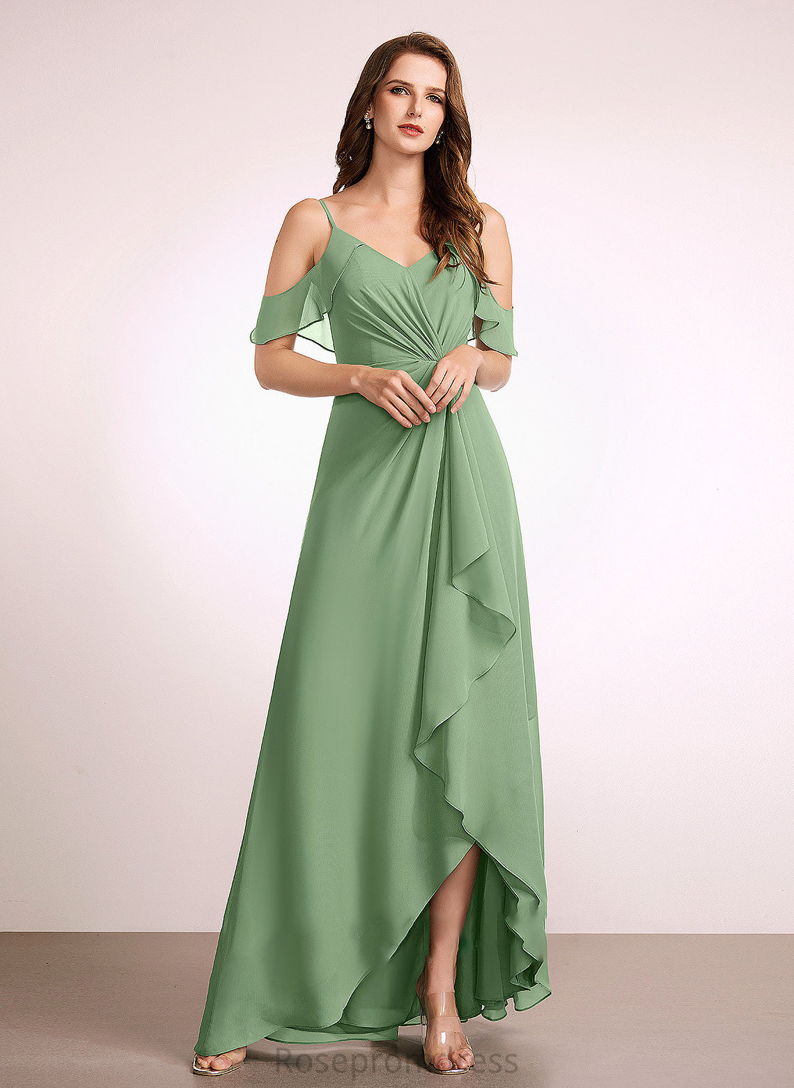 Fabric A-Line Silhouette Neckline Length V-neck SplitFront Asymmetrical Embellishment Anastasia A-Line/Princess Natural Waist Bridesmaid Dresses