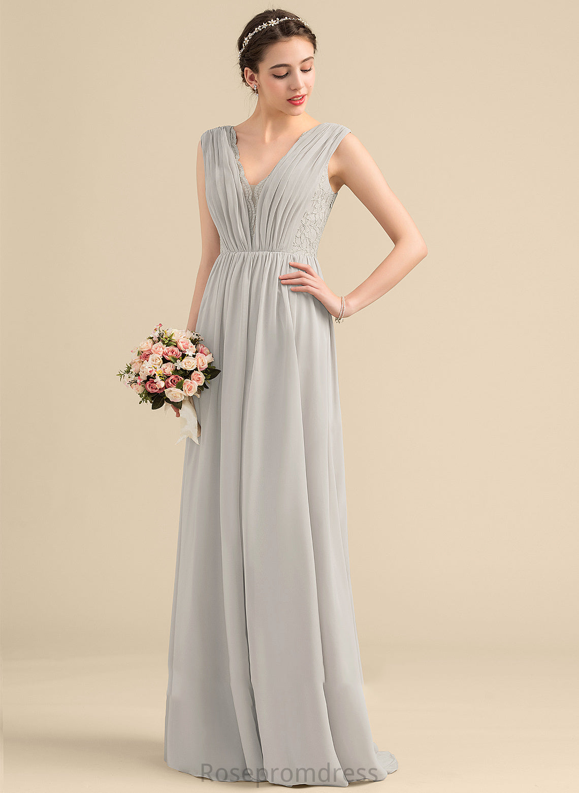 Silhouette A-Line Floor-Length V-neck Ruffle Length Fabric Neckline Embellishment Jacqueline Bridesmaid Dresses