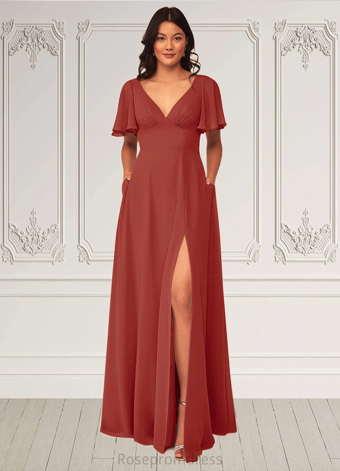 Angela A-Line Ruched Chiffon Floor-Length Dress SRSP0019603
