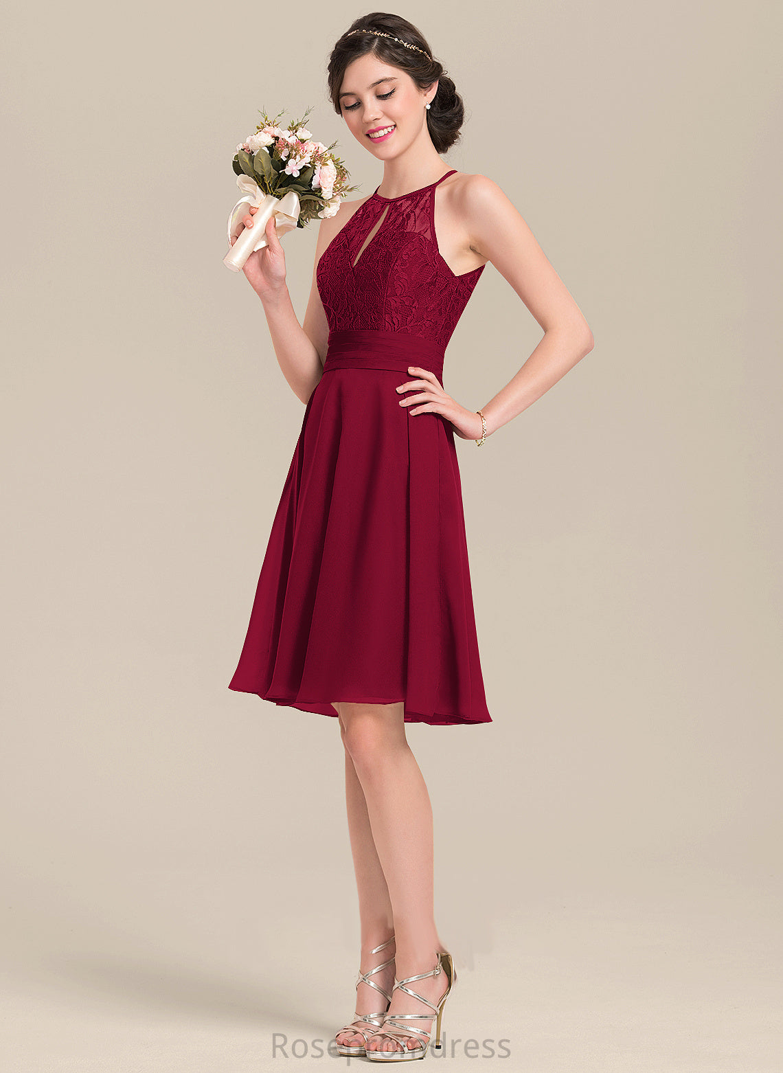 Embellishment Fabric Knee-Length Bow(s) ScoopNeck Silhouette A-Line Length Neckline Ruffle Talia A-Line/Princess Bridesmaid Dresses