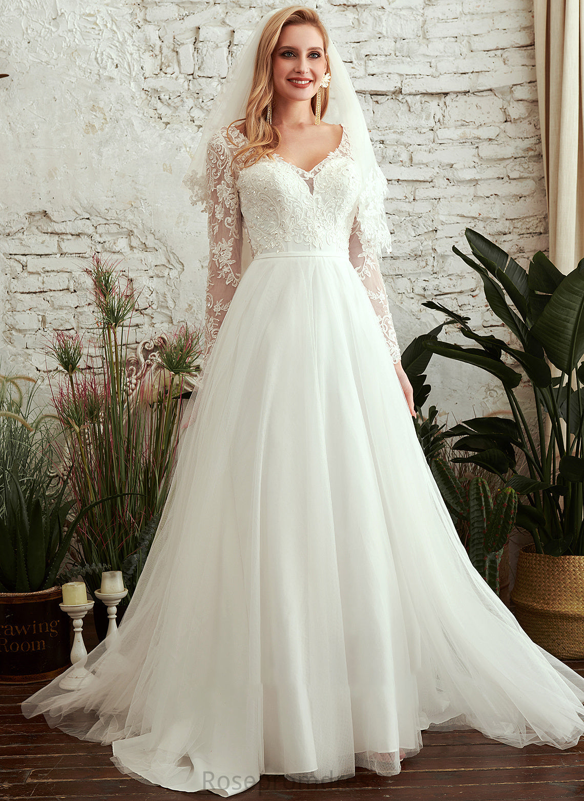 Sequins With Train Dress Beading Wedding Dresses A-Line Wedding Natalee Sweep V-neck