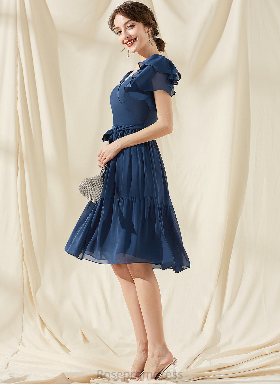 Neckline Silhouette Fabric Length Bow(s) Embellishment CascadingRuffles A-Line Knee-Length V-neck Hilda Bridesmaid Dresses