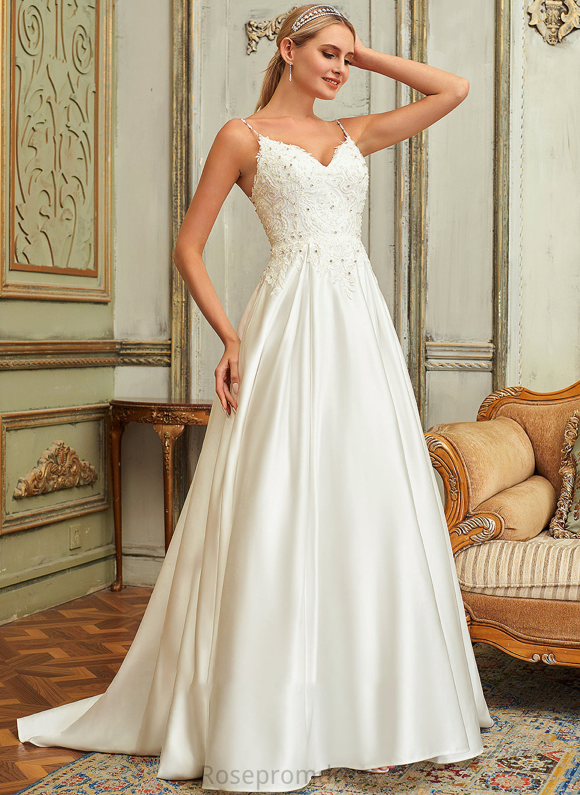 Pockets Lace Sweep Beading Sequins Wedding V-neck Maud Wedding Dresses Dress Lace Ball-Gown/Princess With Satin Train