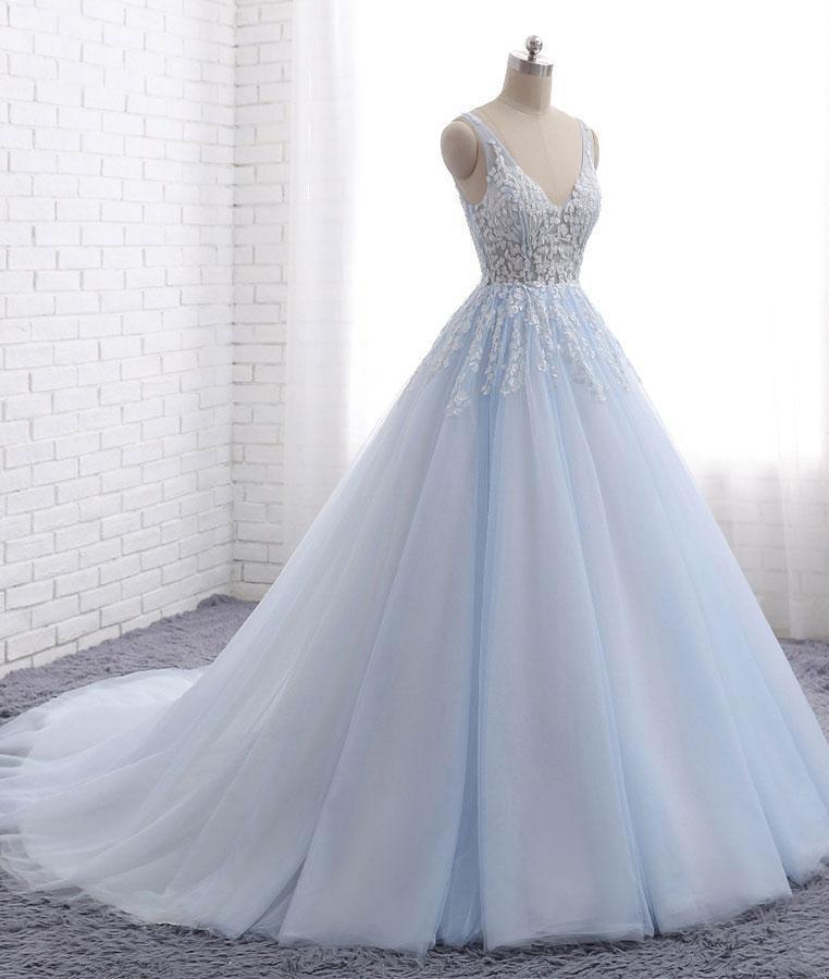 Sexy Ball Gown Tulle Sky Blue V-neck Appliques Brush Train Long Sleeveless Prom Dresses RS505
