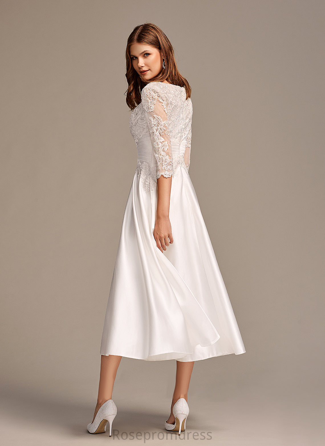 Satin Scoop With Lace Dress Wedding Dresses Wedding Pockets Neck Tea-Length A-Line Zoey