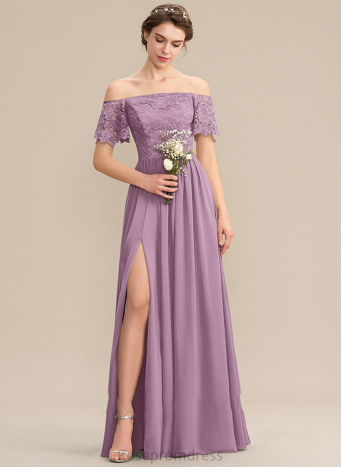 Neckline Length Fabric Off-the-Shoulder A-Line SplitFront Embellishment Silhouette Floor-Length Kiera Bridesmaid Dresses