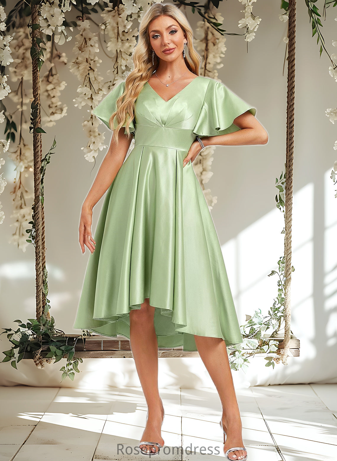 Daisy A-line V-Neck Asymmetrical Satin Bridesmaid Dress With Ruffle DSP0025776