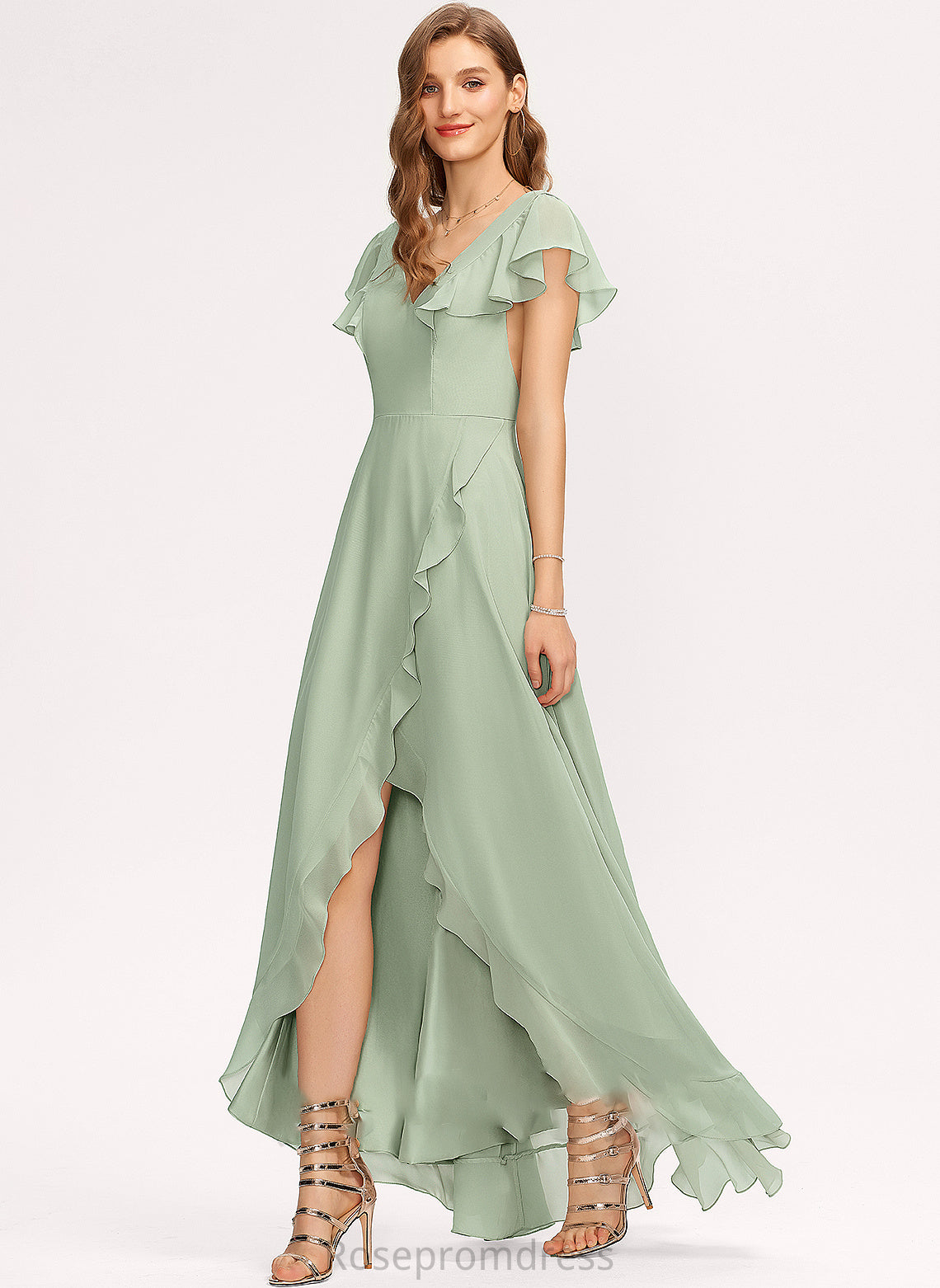 V-neck Embellishment Length Neckline Fabric CascadingRuffles A-Line Asymmetrical Silhouette Ella Spaghetti Staps Floor Length Bridesmaid Dresses