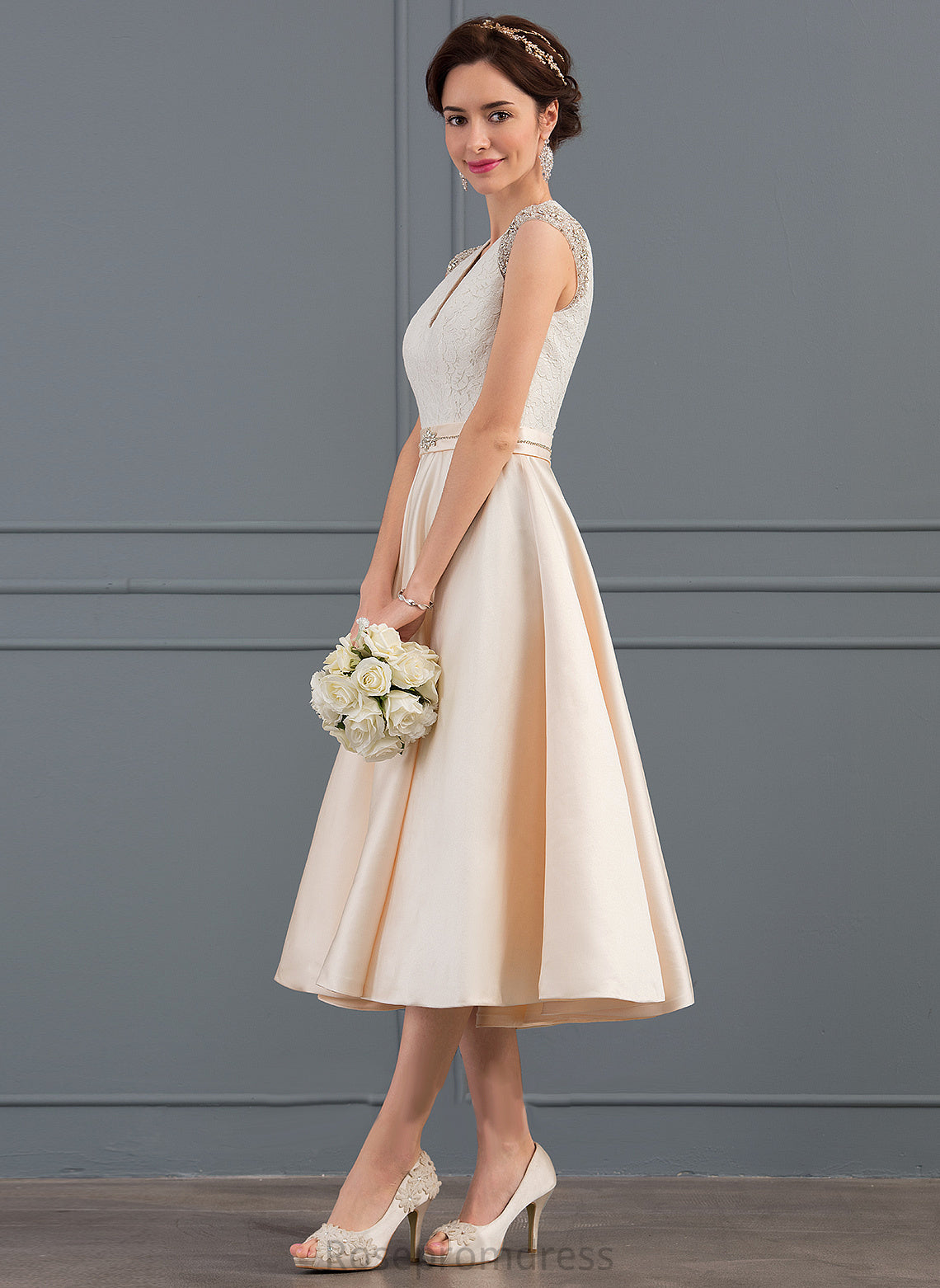 Adelyn Dress Tea-Length Sequins V-neck Wedding With Satin Wedding Dresses A-Line Beading