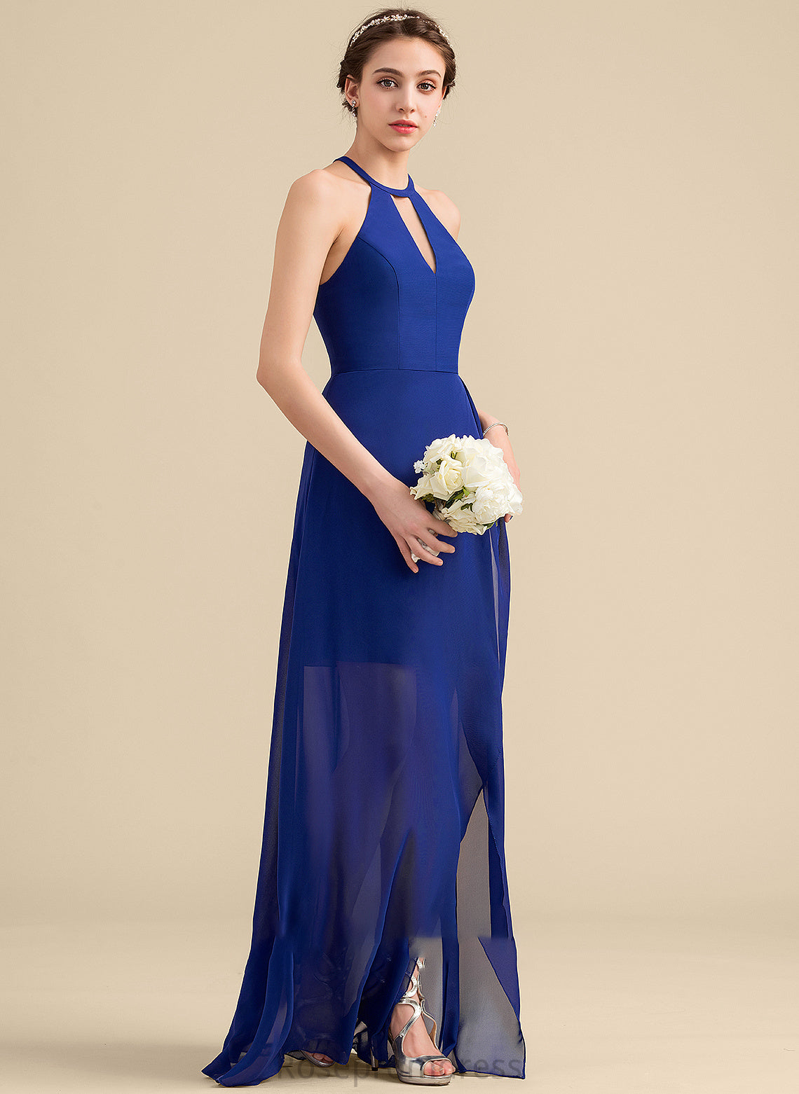 Silhouette ScoopNeck Length Neckline CascadingRuffles Fabric A-Line Embellishment Asymmetrical Khloe Sleeveless Floor Length Bridesmaid Dresses