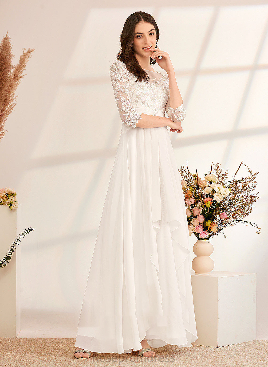 Illusion Floor-Length With Ruffle Dress Milagros A-Line Wedding Wedding Dresses Beading