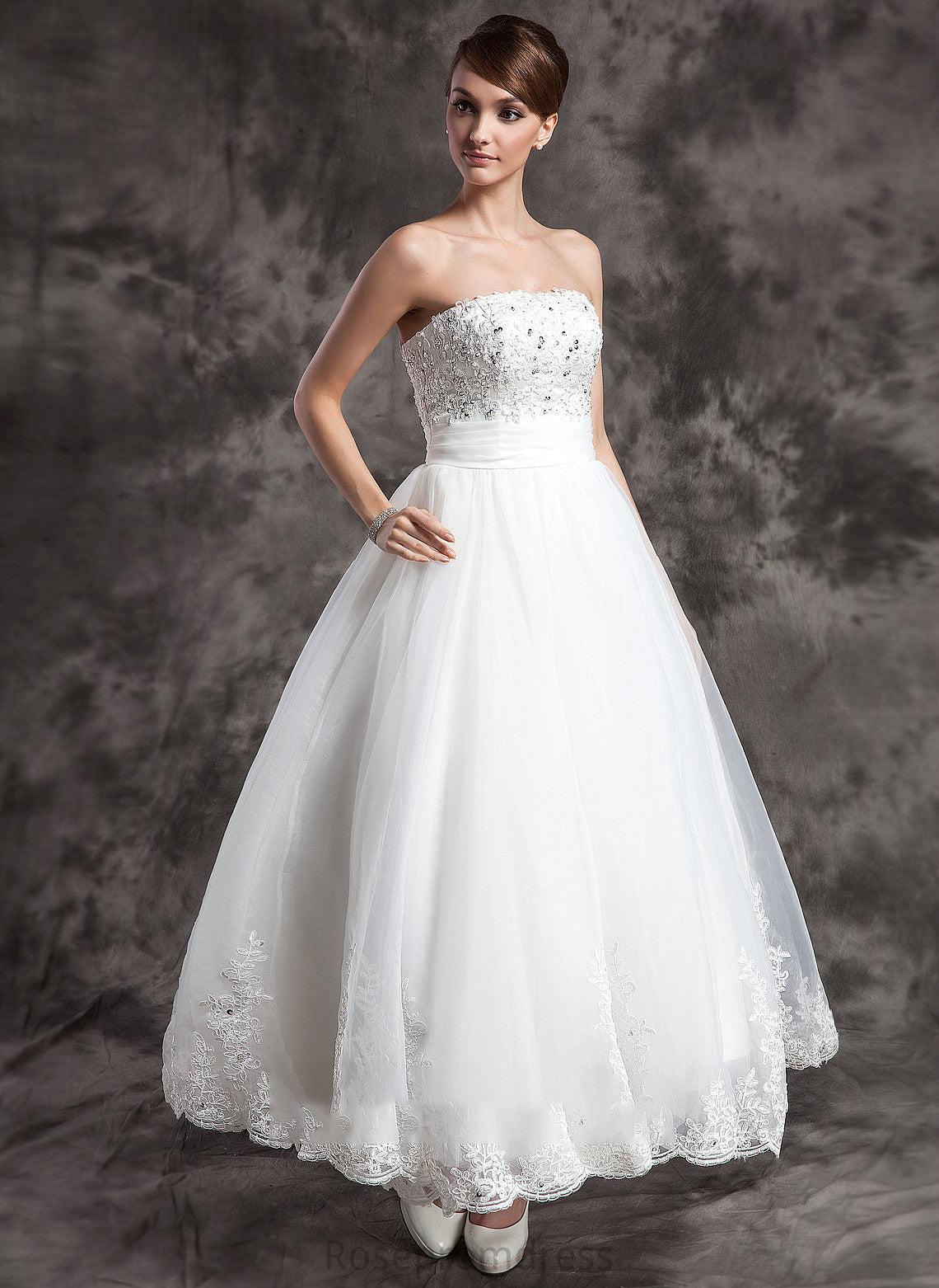 Satin With Victoria Ball-Gown/Princess Beading Wedding Wedding Dresses Ankle-Length Organza Lace Strapless Dress
