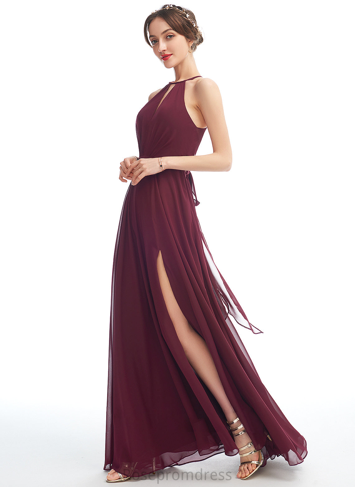 Silhouette A-Line Fabric Neckline Halter Embellishment Floor-Length SplitFront Length Cierra Natural Waist Straps Bridesmaid Dresses