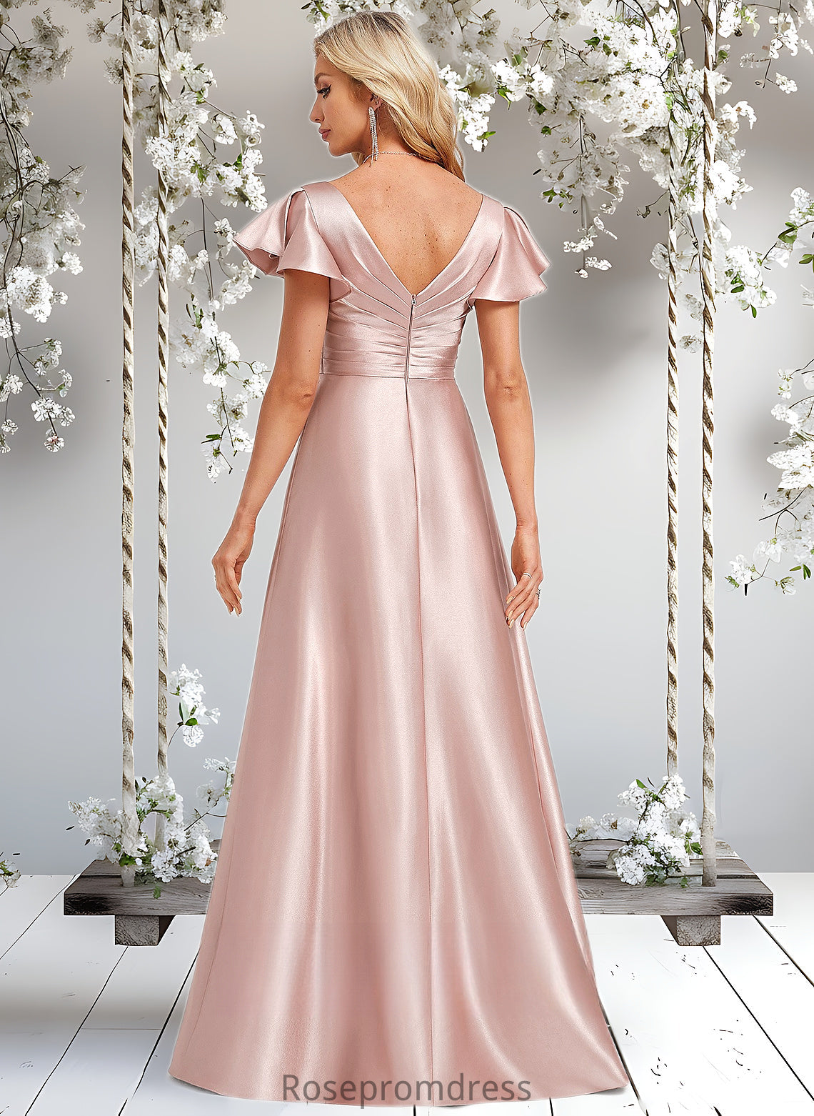 Makenna A-line V-Neck Floor-Length Stretch Satin Bridesmaid Dress With Ruffle DSP0025787