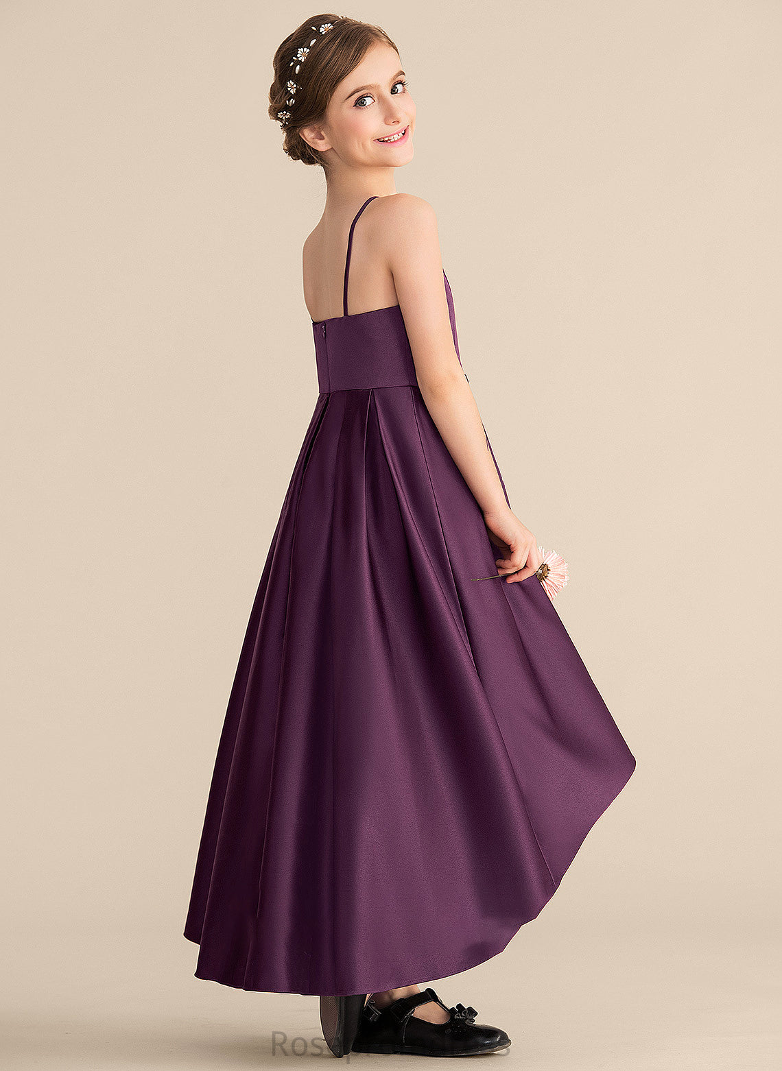 Pamela A-Line Neck Scoop Satin Ruffle Junior Bridesmaid Dresses Asymmetrical With
