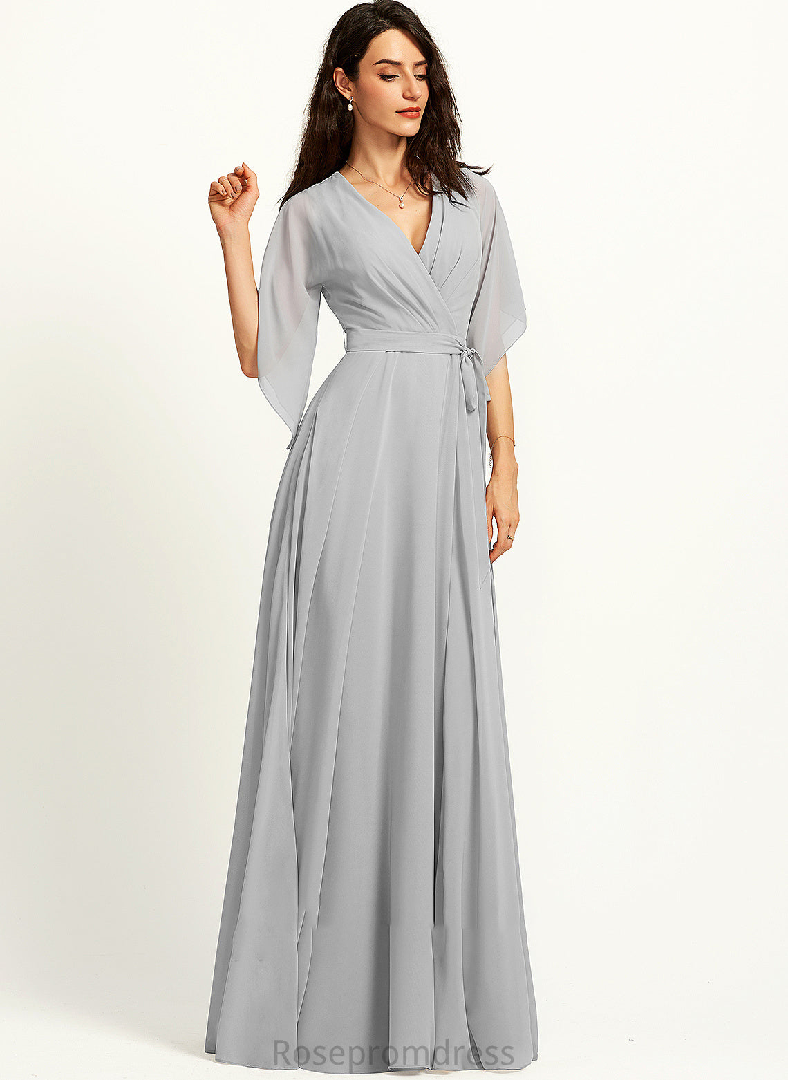 SplitFront Silhouette V-neck Fabric A-Line Floor-Length Ruffle Embellishment Length Neckline Undine Floor Length Bridesmaid Dresses