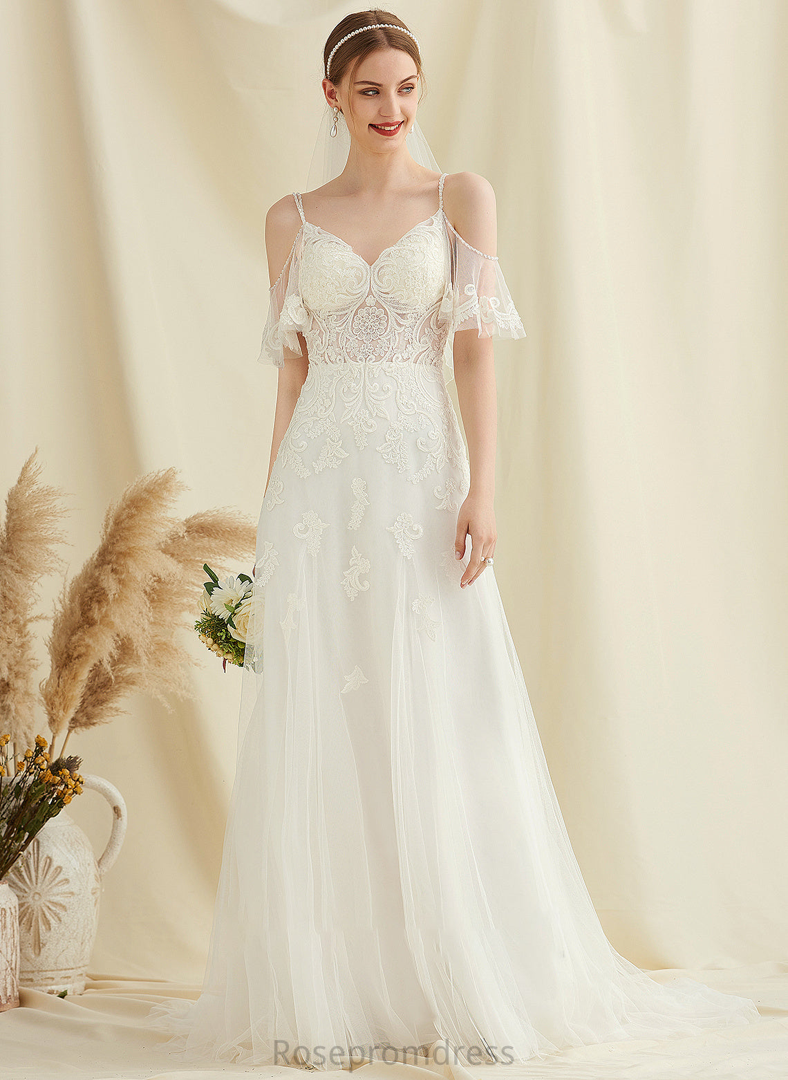 A-Line Lace Beading Kierra Wedding Wedding Dresses With Tulle Dress Train Sweep