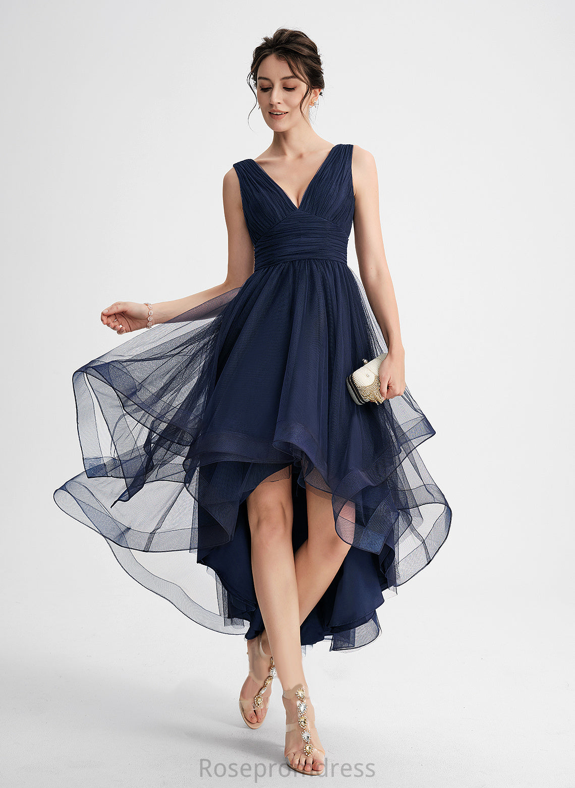 Tulle Pleated V-neck A-Line With Cascading Dress Asymmetrical Cocktail Cocktail Dresses Ruffles Nina
