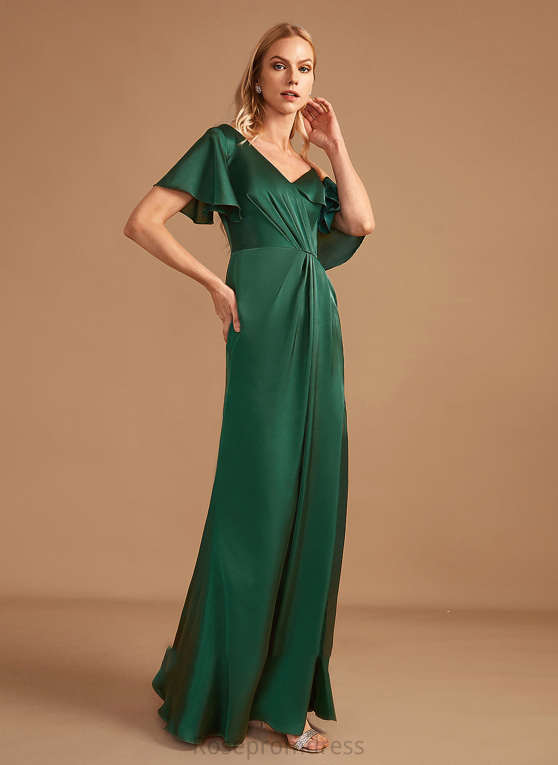 Sheath/Column Neckline SplitFront Fabric Silhouette Embellishment Length Floor-Length V-neck Annalise Bridesmaid Dresses