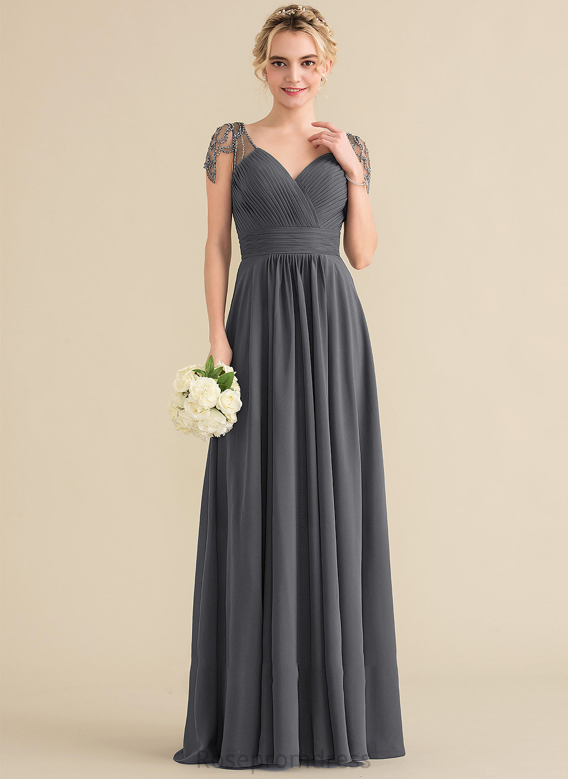 Beading Fabric Embellishment Neckline Silhouette Ruffle Floor-Length Sequins A-Line V-neck Length Aliya Bridesmaid Dresses