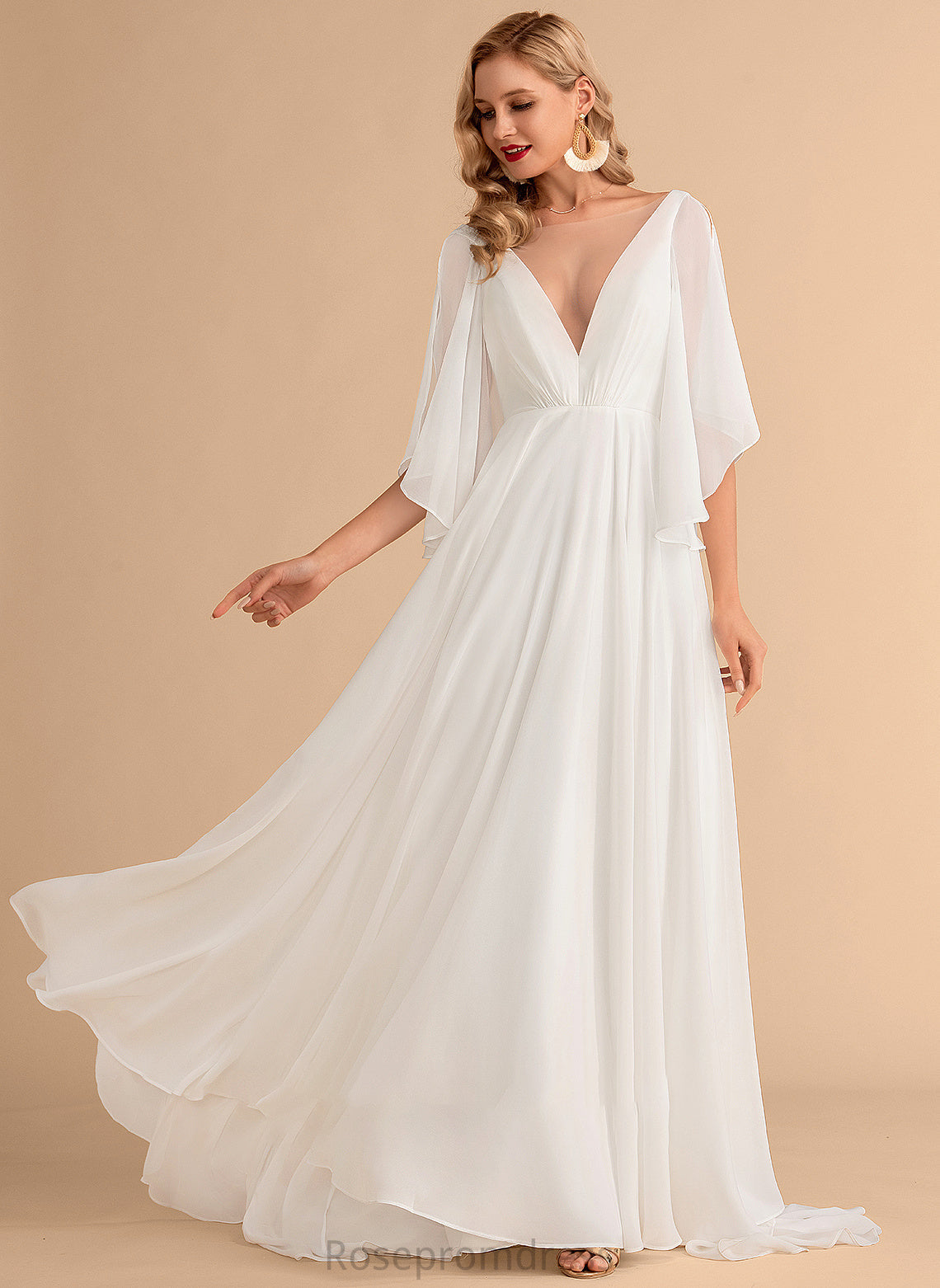Monserrat Sweep Train Chiffon A-Line V-neck Wedding Wedding Dresses Dress