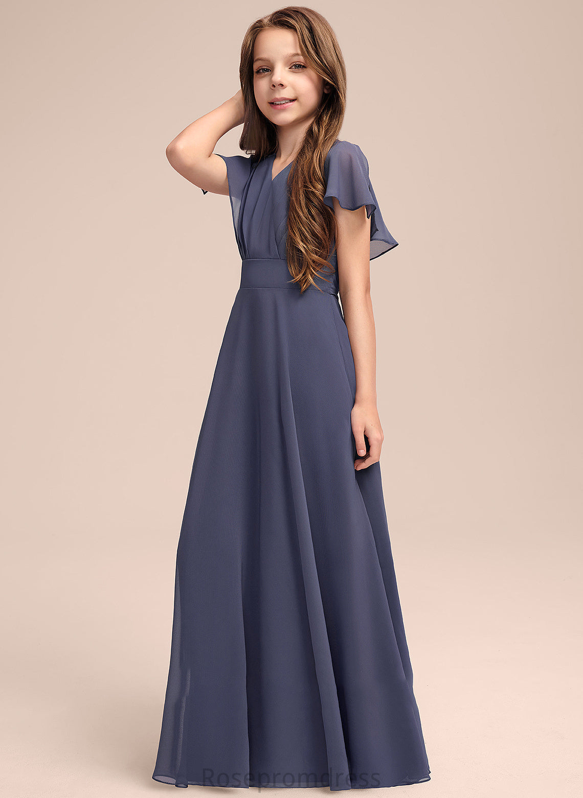 With Nicky V-neck Floor-Length Bow(s) A-Line Ruffle Junior Bridesmaid Dresses Chiffon