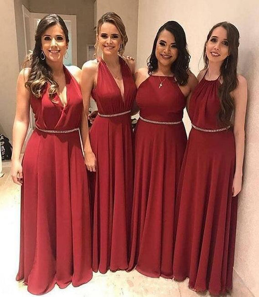 Elegant A Line Chiffon Red Crystal Maid of Honor, Bridesmaid Dresses with SRS20459