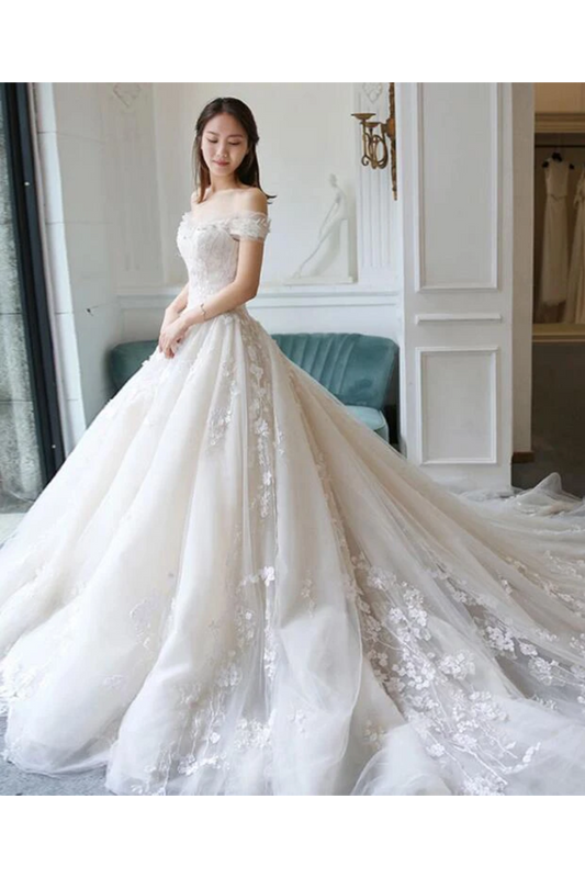 Ball Gown Off The Shoulder Appliques Wedding Dresses Ivory Bridal SRSPAQ8752B