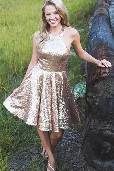 Halter Sequin A Line Backless Short Homecoming Dresses Simple Prom Gowns SRS14977