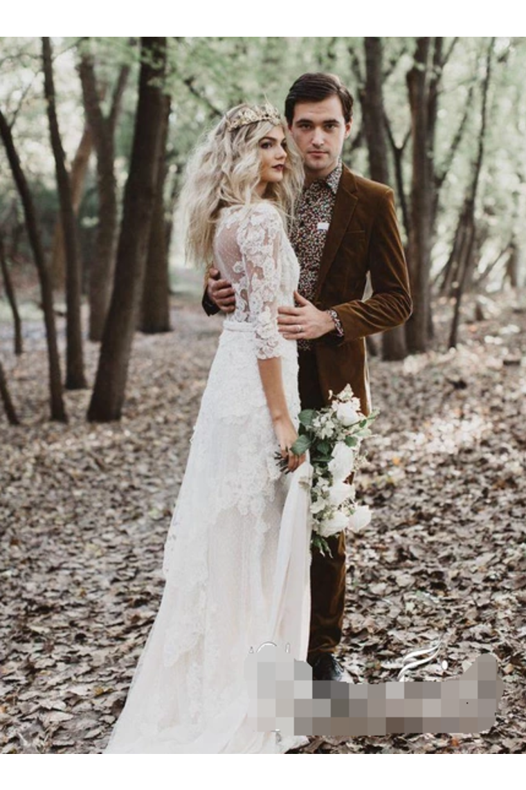 Risqu�� Sheath With Unlined Sleeves Wedding Dress Front Slit Ivory Lace Bridal Dress