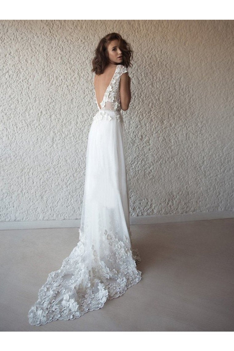 A-Line/Princess Tulle Applique V-Neck Sleeveless Sweep/Brush Train Wedding Dresses