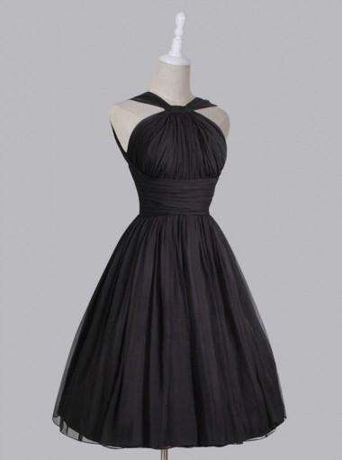 Vintage A-line Straps Knee-Length Chiffon Sash Backless Black Party Homecoming Dresses RS448