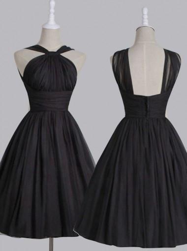 Vintage A-line Straps Knee-Length Chiffon Sash Backless Black Party Homecoming Dresses RS448