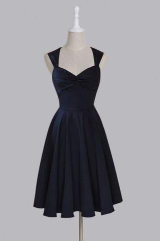 Simple Sweetheart Sleeveless Tea-Length Ruched Dark Navy Taffeta Homecoming Dresses RS459