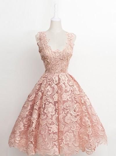 Vintage A-line Scalloped-Edge Knee-Length Lace Light Pink Prom Homecoming Dress RS874