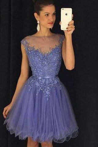 Stunning Bateau Cap Sleeves Short Lavender Homecoming Dress with Appliques Pearls RS449