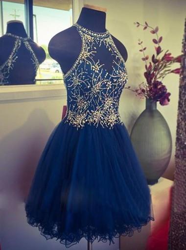Modern Jewel Short Open Back Blue Homecoming Dress with Beading RS452