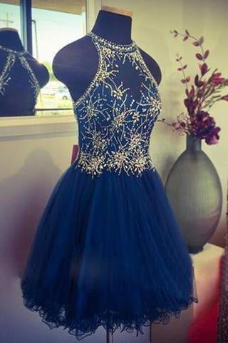 Modern Jewel Short Open Back Blue Homecoming Dress with Beading RS452